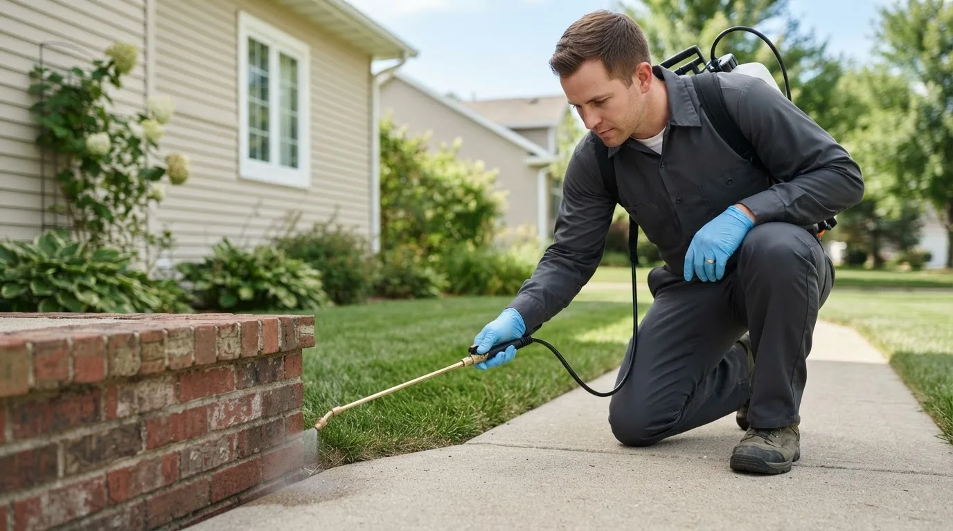 Pest control technician treating a home near Wolcottville, IN