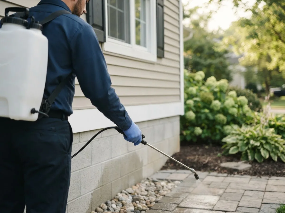 Pest control technician inspecting a home in Wolcottville, IN